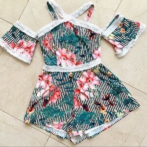 Luxxel Floral and Striped Fringe Romper Off Shoulder Size Small